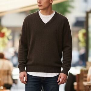 Faconnable Brown 100% Wool V-Neck Sweater Mens Large Knit Pullover Neutral